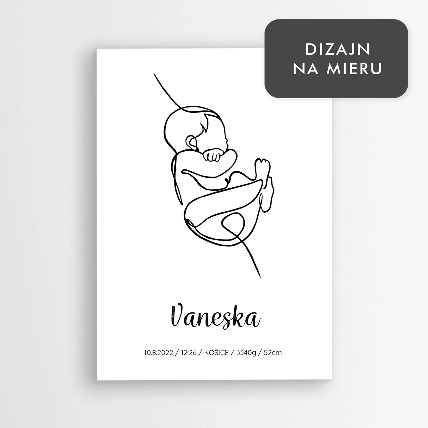 Personalizovaný plagát k narodeniu bábätka – ilustrácia s menom a mierami dieťaťa