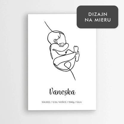 Personalizovaný plagát k narodeniu bábätka – ilustrácia s menom a mierami dieťaťa