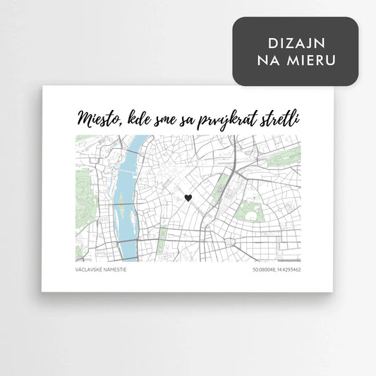 Romantická mapa prvého stretnutia – vlastný nadpis a označenie ikonou presného miesta