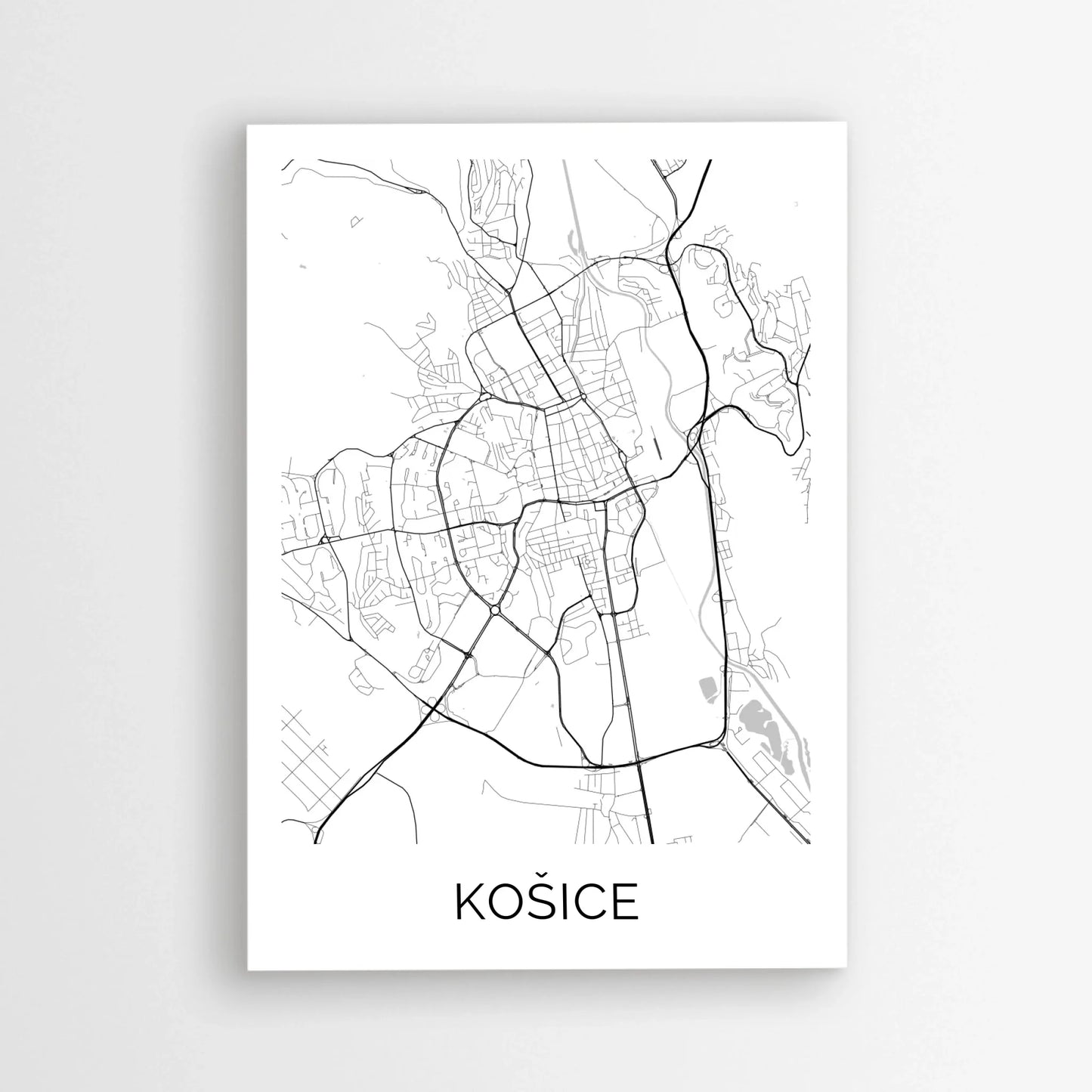 Minimalistická mapa mesta Košice – moderný čiernobiely plagát do interiéru