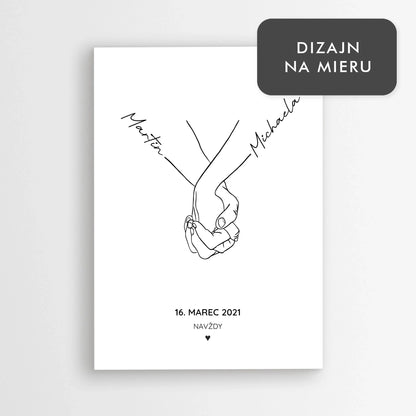 Romantický personalizovaný plagát – držíme sa za ruky s menami a dátumom