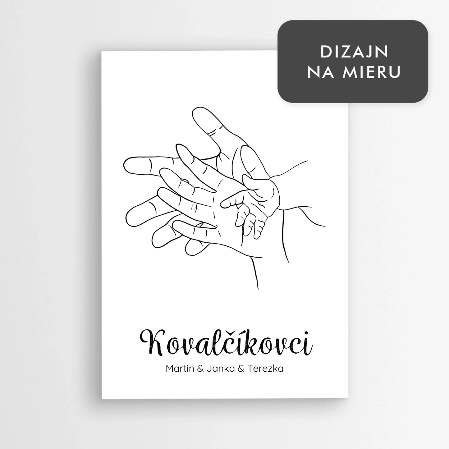 Personalizovaný plagát pre 3-člennú rodinu – ilustrácia troch rúk s menami a priezviskom