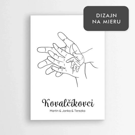 Personalizovaný plagát pre 3-člennú rodinu – ilustrácia troch rúk s menami a priezviskom