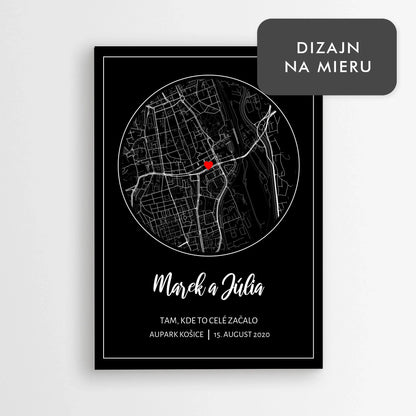 Tmavá personalizovaná mapa prvého stretnutia – mapa s vlastným textom, dátumom a menami