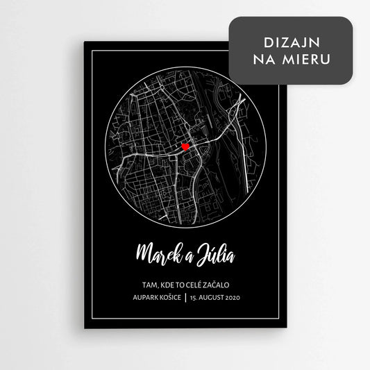 Tmavá personalizovaná mapa prvého stretnutia – mapa s vlastným textom, dátumom a menami
