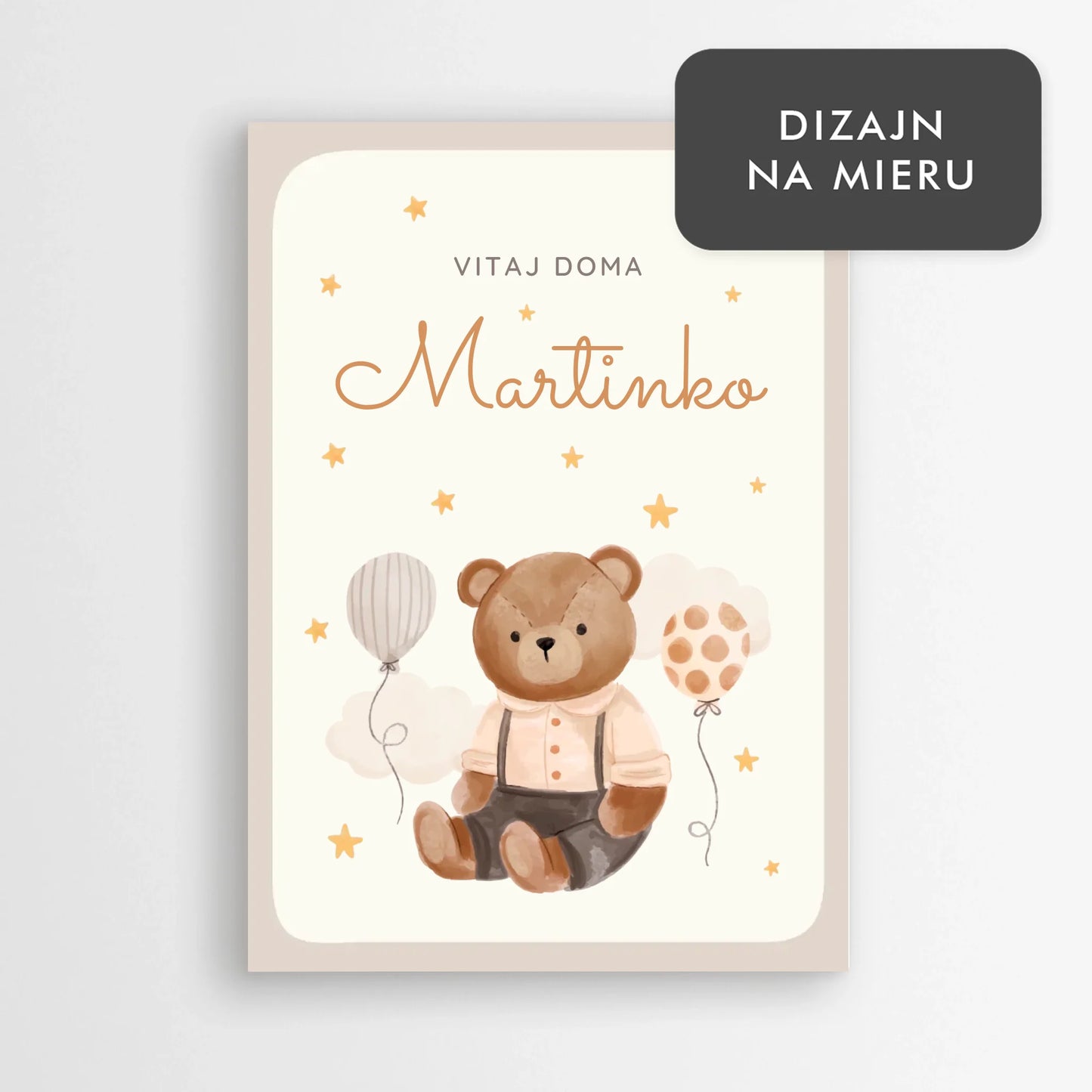 Personalizovaný plagát k narodeniu dieťaťa „Vitaj doma“ s ilustráciou medvedíka