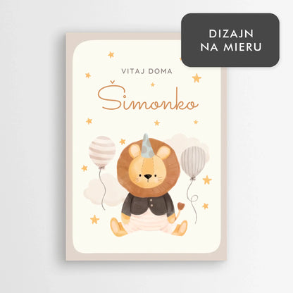 Personalizovaný plagát k narodeniu dieťaťa „Vitaj doma“ s ilustráciou levíka