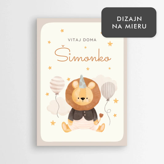 Personalizovaný plagát k narodeniu dieťaťa „Vitaj doma“ s ilustráciou levíka