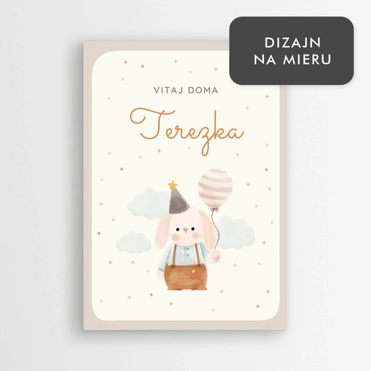 Personalizovaný plagát k narodeniu dieťaťa „Vitaj doma“ s ilustráciou zajačika