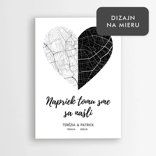 Personalizovaný plagát Dve mestá, jedno srdce – romantický darček pre zamilovaných