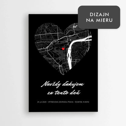 Tmavý personalizovaný plagát so srdcom a mapou – romantický darček pre zaľúbených s dátumom a miestom
