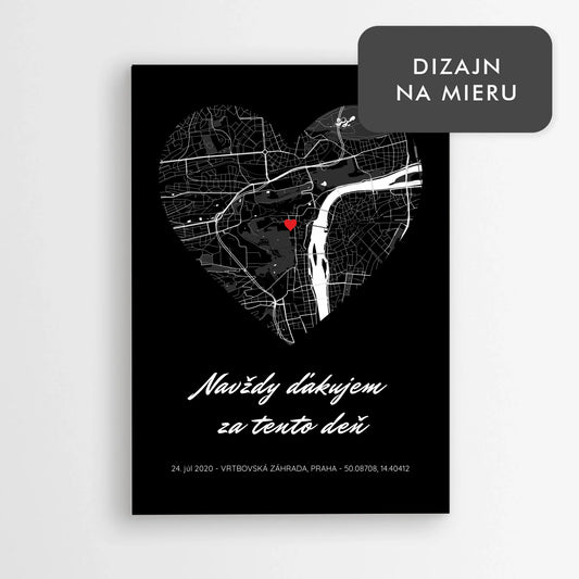Tmavý personalizovaný plagát so srdcom a mapou – romantický darček pre zaľúbených s dátumom a miestom