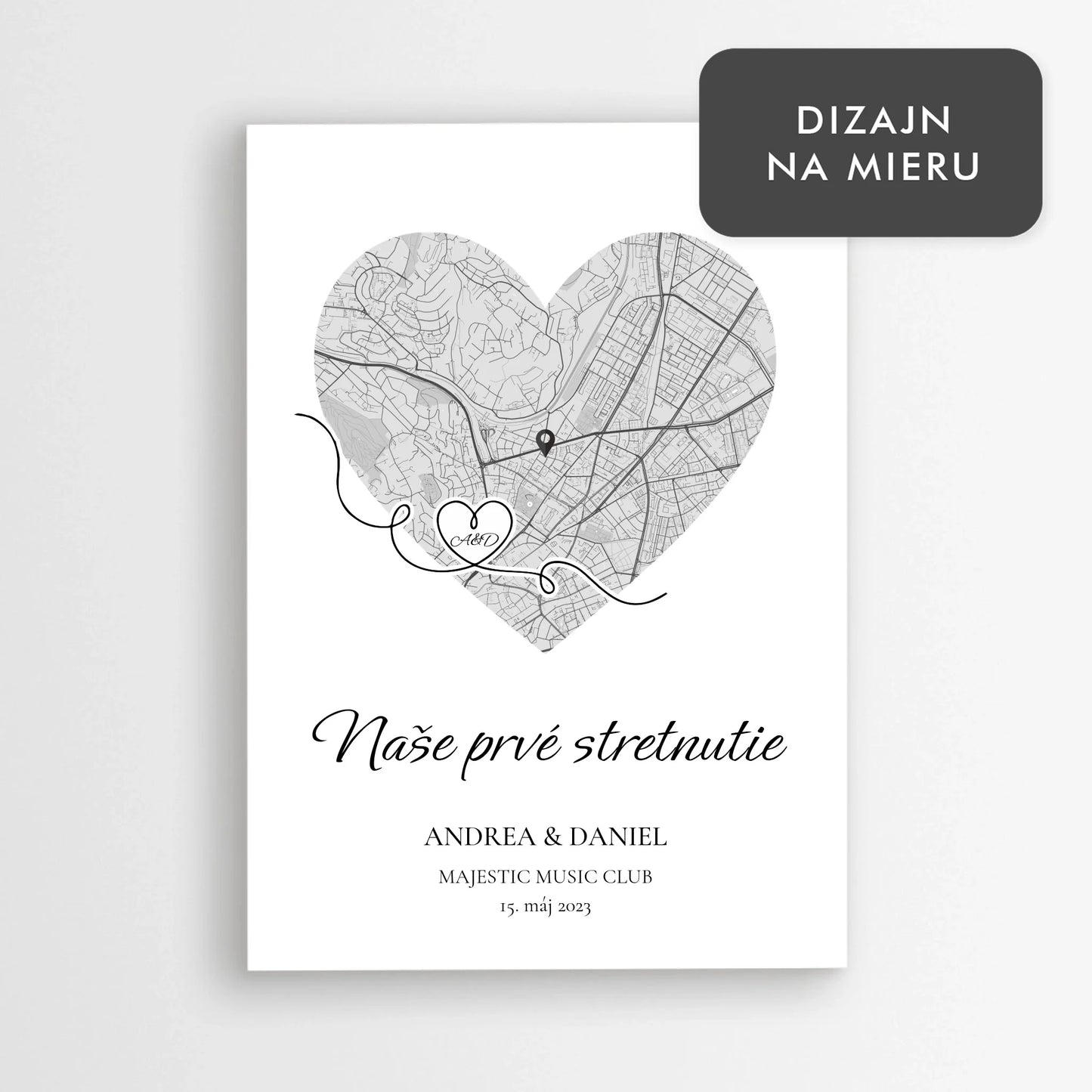 Personalizovaná mapa prvého stretnutia v tvare srdca – romantický darček s menami a dátumom