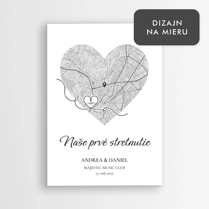 Personalizovaná mapa prvého stretnutia v tvare srdca – romantický darček s menami a dátumom
