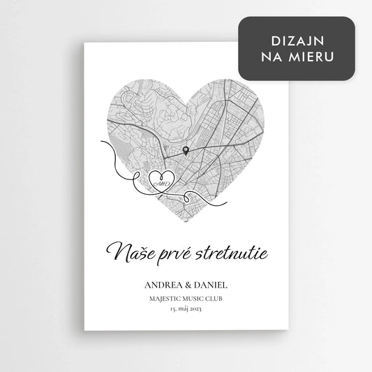Personalizovaná mapa prvého stretnutia v tvare srdca – romantický darček s menami a dátumom