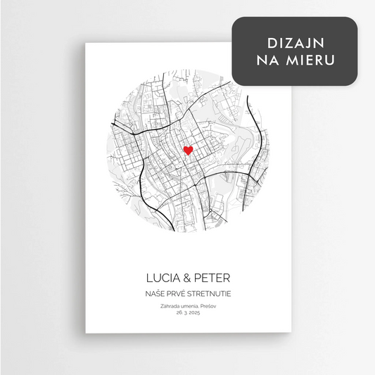 Personalizovaný plagát mapa lásky – miesto prvého stretnutia | originálny darček pre pár